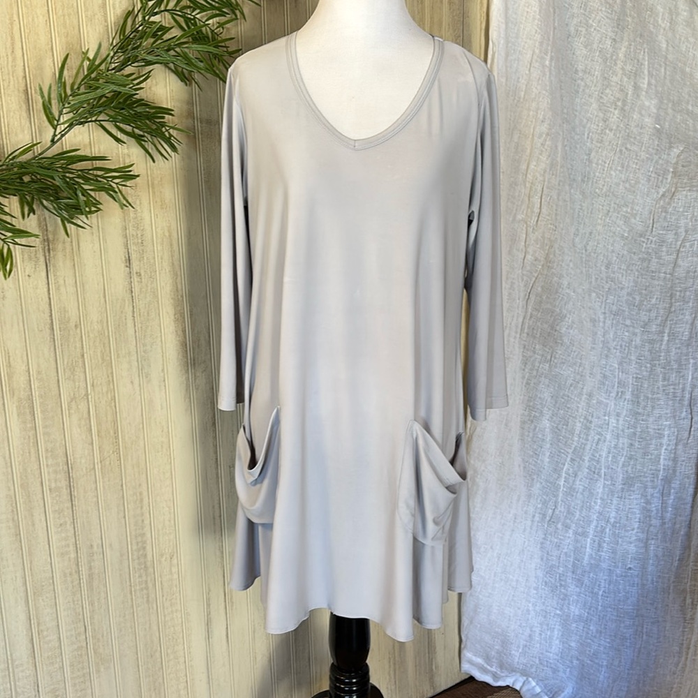 Sun Kim Tunic Top/Dress Front Pockets, Gray Small, Wrinkle Resistant 3/4…